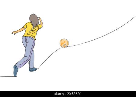One single line drawing young talented bowling player woman throw ball to hit bowling pins graphic vector illustration. Healthy people lifestyle and s Stock Vector