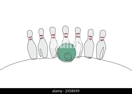 One continuous line drawing of bowling pins lined up at bowling lane. Healthy sport logo, icon and symbol concept. Dynamic single line draw design gra Stock Vector