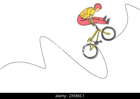 One continuous line drawing of young BMX bicycle rider does jumping into the air trick at skatepark. Extreme sport concept vector illustration. Single Stock Vector