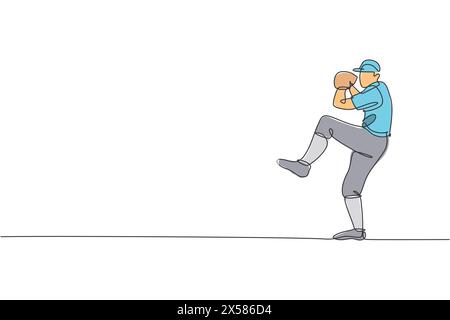 Single continuous line drawing young agile man baseball pitcher practice to throw the ball. Sport exercise concept. Trendy one line draw design vector Stock Vector