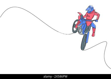 Single continuous line drawing of young motocross rider does dangerous acrobatic trick. Extreme sport race concept vector illustration. Trendy one lin Stock Vector