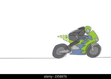 One single line drawing of young moto racer practice to improve speed bike at circuit vector illustration. Superbike racing concept. Modern continuous Stock Vector