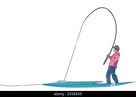 Single continuous line drawing of young happy fisher man fly fishing trout fish on open water river. Fishing hobby holiday concept. Trendy one line dr Stock Vector