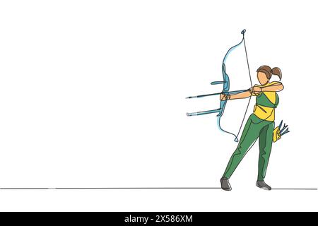 One continuous line drawing of young archer woman pulling the bow to shooting an archery target. Archery sport training and exercising concept. Dynami Stock Vector