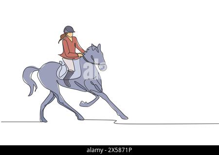 One continuous line drawing of young horse rider woman in action. Equine run training at racing track. Equestrian sport competition concept. Dynamic s Stock Vector