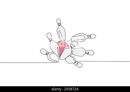 One continuous line drawing lined up bowling pins falling apart hit by ball at bowling lane. Healthy sport and lifestyle activity concept. Dynamic sin Stock Vector
