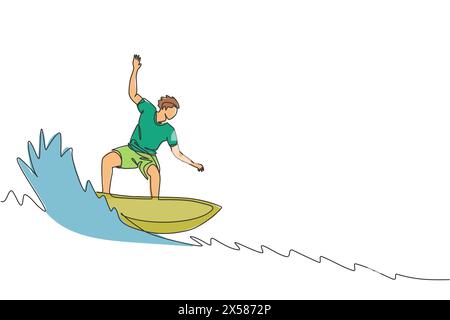 One single line drawing of young sporty surfer man riding on big waves barrel in surfing beach paradise graphic vector illustration. Extreme water spo Stock Vector