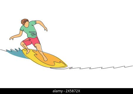 One continuous line drawing young happy tourist surfer exercising surfing on wavy ocean. Healthy extreme watersport concept. Summer holiday. Dynamic s Stock Vector