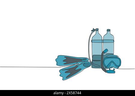 One continuous line drawing wetsuit, swimsuit, regulator, oxygen, mask, snorkel goggle and fins. Water sport scuba diving equipment concept. Dynamic s Stock Vector