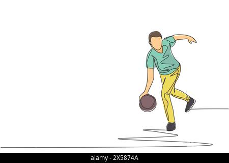 One single line drawing of young talented bowling player man throw ball to hit bowling pins graphic vector illustration. Healthy people lifestyle and Stock Vector