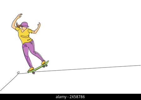 One continuous line drawing young cool skateboarder man riding skateboard doing a slide trick in skatepark. Extreme teenager sport concept. Dynamic si Stock Vector