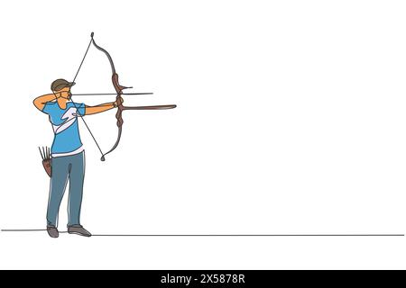 One continuous line drawing of young archer man pulling bow to shooting an archery target. Archery sport training and exercising concept. Dynamic sing Stock Vector