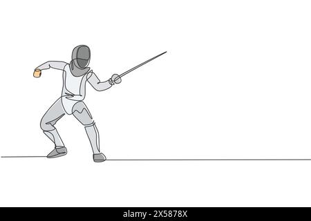 Single continuous line drawing young professional fencer athlete woman in fencing sport competition Stock Vector