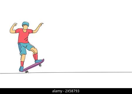 One single line drawing of young skateboarder man exercise riding skateboard in city street vector illustration. Teen lifestyle and extreme outdoor sp Stock Vector