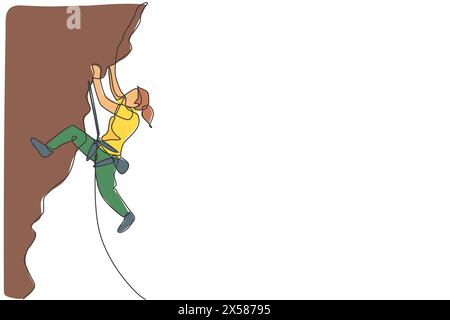 One single line drawing young active woman climbing on cliff mountain holding safety rope vector illustration graphic. Extreme outdoor sport and bould Stock Vector