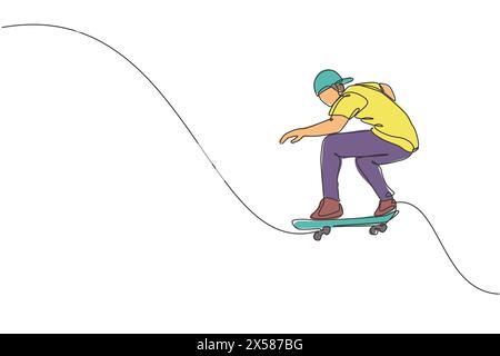 One continuous line drawing of young cool skateboarder man riding skateboard and doing a jump trick in skatepark. Extreme teenager sport concept. Dyna Stock Vector