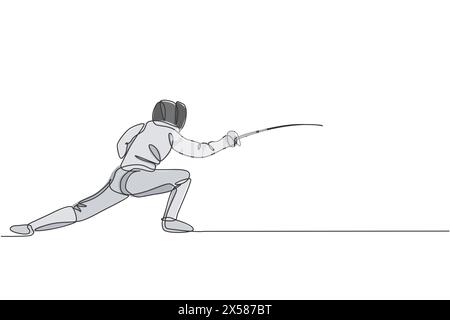 One single line drawing of a young male fencer athlete in fencing exercising on sports arena vector Stock Vector