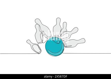 One continuous line drawing lined up bowling pins falling apart hit by ball at bowling lane. Healthy sport and lifestyle activity concept. Dynamic sin Stock Vector