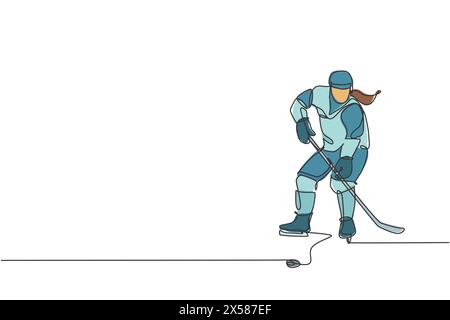 One single line drawing of young ice hockey player in action to play a competitive game on ice rink stadium graphic vector illustration. Sport tournam Stock Vector