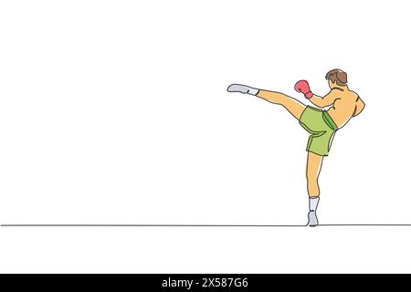 Single continuous line drawing young sportive man training thai boxing at gym club center. Combative muay thai sport concept. Competition event. Trend Stock Vector