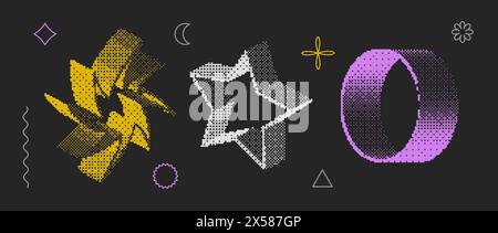 Bitmap textured shape set. Dither halftone objects collection. Colorful cylinder, star, ring, swirl elements for banner, poster, leaflet. Abstract pixelated 3d raster effect bundle. Vector pack Stock Vector