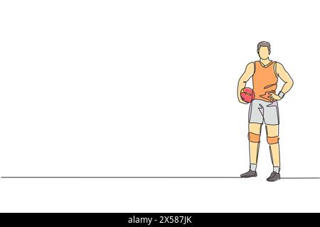 One continuous line drawing of young male professional volleyball player pose standing on court. Healthy competitive team sport concept. Dynamic singl Stock Vector