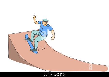One single line drawing of young skateboarder man exercise riding skateboard at ramp board vector illustration. Teen lifestyle and extreme outdoor spo Stock Vector
