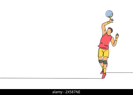 Single continuous line drawing of male young volleyball athlete player in action serve the ball on court. Team sport concept. Competition game. Trendy Stock Vector