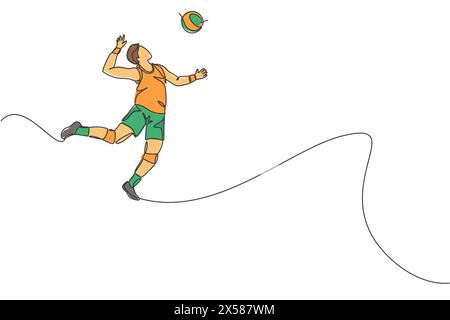 One continuous line drawing of young male professional volleyball player in action jumping spike on court. Healthy competitive team sport concept. Dyn Stock Vector