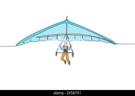 Single continuous line drawing of young tourist man flying with hang gliding parachute on the sky. Extreme vacation holiday sport concept. Trendy one Stock Vector