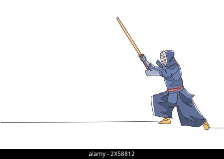 Single continuous line drawing of young sportive man practicing kendo defense martial art skill on gym sport center. Fighting sport concept. Trendy on Stock Vector