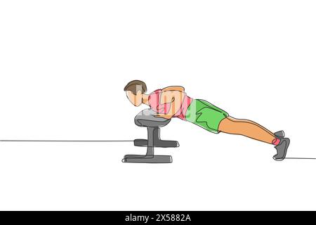 One single line drawing of young energetic man exercise push up with bench in gym fitness center graphic vector illustration. Healthy lifestyle sport Stock Vector