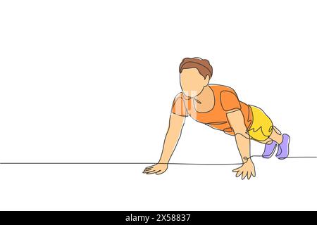 One continuous line drawing of young sporty man working out push up in fitness gym club center. Healthy fitness sport concept. Dynamic single line dra Stock Vector