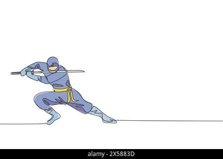 Single continuous line drawing of young Japanese culture ninja warrior on mask costume with attacking stance pose. Martial art fighting samurai concep Stock Vector
