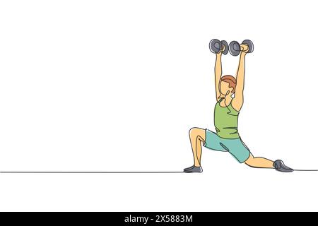 One single line drawing young energetic man working out doing low lunge with dumbbell in gym vector illustration. Fitness sport bodybuilding and healt Stock Vector
