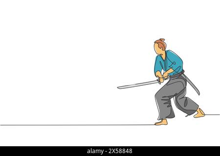 One single line drawing of young Japanese samurai warrior holding katana sword practicing at dojo center graphic vector illustration. Combative martia Stock Vector