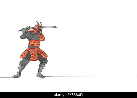 Single continuous line drawing of young strong samurai shogun wearing traditional uniform holding sword at festival. Ancient fighter soldier concept. Stock Vector