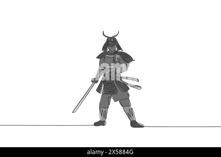 Single continuous line drawing of young strong samurai shogun wearing traditional uniform holding sword at festival. Ancient fighter soldier concept. Stock Vector