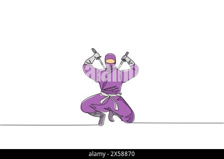 Single continuous line drawing of young Japanese culture ninja warrior on mask costume with attacking stance pose. Martial art fighting samurai concep Stock Vector