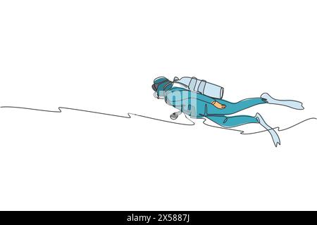 One continuous line drawing of young sporty man swimming into deep sea to see various sea fish and coral. Healthy scuba diving water sport concept. Dy Stock Vector