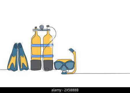 One single line drawing of wetsuit, swimsuit, regulator, oxygen, mask, snorkel goggle and fins vector illustration. Healthy sport scuba diving equipme Stock Vector