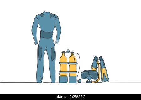 Single continuous line drawing of wetsuit, swimsuit, regulator, oxygen, mask, snorkel, goggle and fins. Underwater sport scuba diving equipment tools Stock Vector