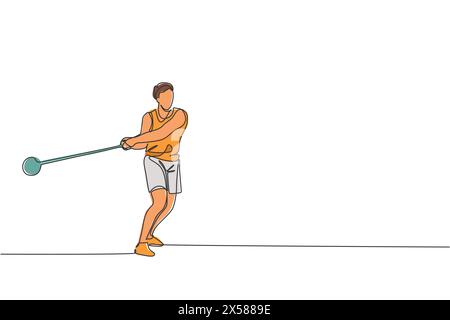 One single line drawing of young energetic man exercise to throw hammer powerfully on field vector graphic illustration. Healthy lifestyle athletic sp Stock Vector