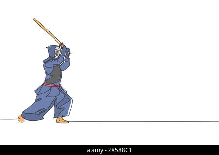 One single line drawing of young energetic man exercise attack skill on kendo with wooden sword at gym center vector illustration. Combative fight spo Stock Vector