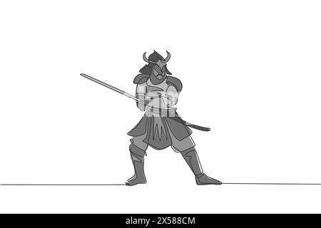 One continuous line drawing of young bravery samurai shogun wearing mask ready to attack at training session. Martial art combative sport concept. Dyn Stock Vector
