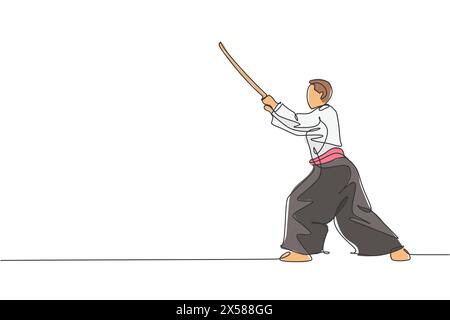 Single continuous line drawing of young sportive man wearing kimono practice aikido with wooden sword fighting technique. Japanese martial art concept Stock Vector