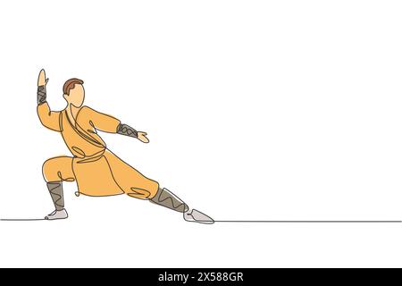 One single line drawing young energetic shaolin monk man exercise kung fu fighting at temple vector graphic illustration. Ancient Chinese martial art Stock Vector