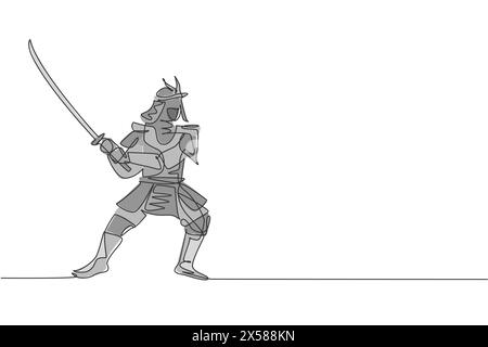 Single continuous line drawing of young strong samurai shogun wearing traditional uniform holding sword at festival. Ancient fighter soldier concept. Stock Vector