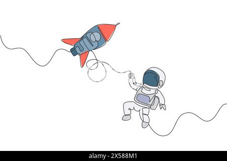 One single line drawing of astronaut in spacesuit floating and discovering deep space with rocket spaceship vector illustration. Exploring outer space Stock Vector