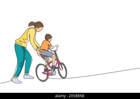 One single line drawing of young mother teaching her son riding bicycle at public park vector graphic illustration. Motherhood lesson. Urban family ti Stock Vector